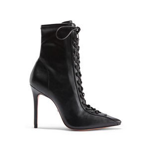 SCHUTZ Tennie POINTED Toe LACE UP Boot BLACK Leather STILETTO Heel NEW Sz 6.5